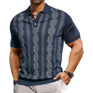 Men's Dark Blue Vintage Polo Shirts Casual Pattern Knit Golf Polo Shirts
